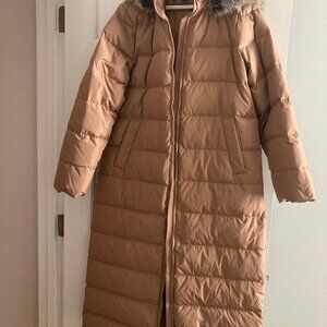 Land's End long puffer coat with faux fur hood gold